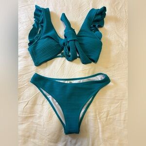Rare CupShe Teal Green Blue Ruffle Shoulder Bikini Swimsuit Tie Back